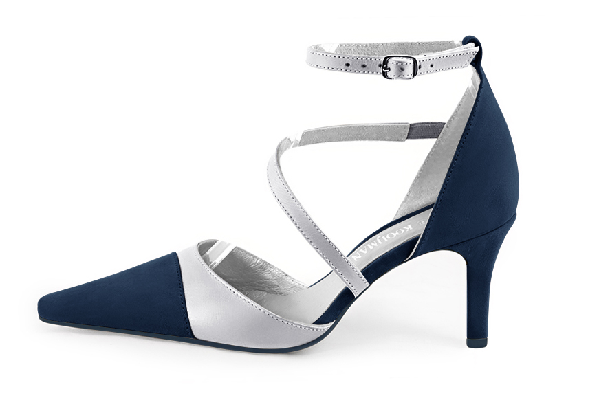 Navy blue and light silver women's open side shoes, with snake-shaped straps. Tapered toe. High slim heel. Profile view - Florence KOOIJMAN